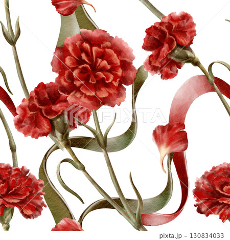 Portuguese revolution of carnations symbols red flower with ribbons colored national flag symbolizing freedom,peaceful change in the nation's life,and democracy.Watercolor hand drawn seamless pattern Portuguese revolution of carnations symbols red flower with ribbons colored national flag symbolizing freedom,peaceful change in the nation's life,and democracy.Watercolor hand drawn seamless pattern 130834033