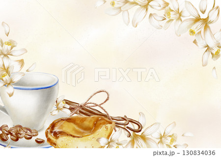 Portuguese traditional breakfast,corner frame-cup,coffee beans with halved pastel de nata tart with textured creamy custard,lemon flowers,pods of vanilla spice tied with rope.Watercolor template 130834036