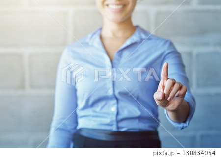 Touch, biometric and virtual with hand of woman for augmented reality, technology and ui search. Digital, vr and 3d interface with executive employee and fingerprint for internet, networking and data 130834054