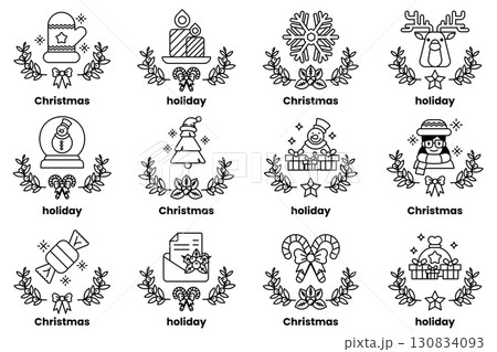 set of illustrations in the concept of Christmas and holidays in a line style 130834093