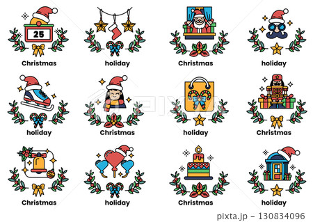 set of illustrations in the concept of Christmas and holidays in a line style set of illustrations in the concept of Christmas and holidays in a line style 130834096