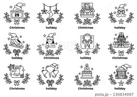set of illustrations in the concept of Christmas and holidays in a line style set of illustrations in the concept of Christmas and holidays in a line style 130834097