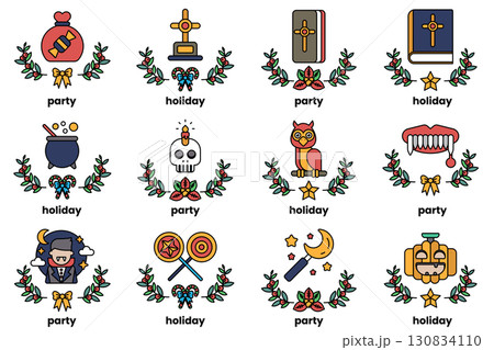 set of illustrations in the concept of Halloween and holidays in a line style 130834110