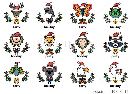 set of illustrations in the concept of Christmas animals and holidays in line art style set of illustrations in the concept of Christmas animals and holidays in line art style 130834116