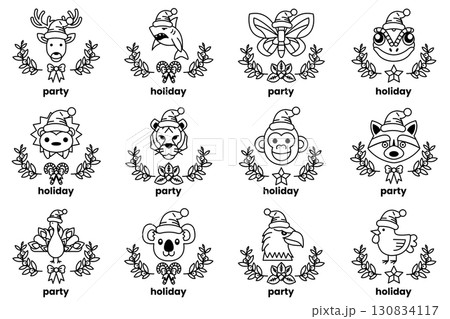 set of illustrations in the concept of Christmas animals and holidays in line art style 130834117