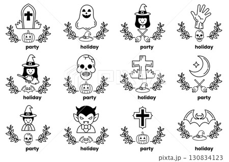 set of illustrations in the concept of Halloween and holidays in a line style 130834123