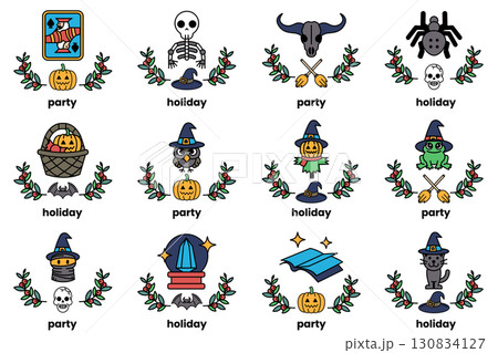 set of illustrations in the concept of Halloween and holidays in a line style 130834127