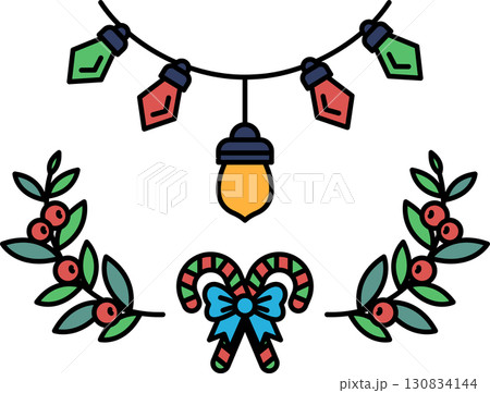 A Christmas wreath with lights and a candy cane 130834144