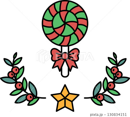 A candy lollipop is surrounded by a wreath of green leaves and red berries A candy lollipop is surrounded by a wreath of green leaves and red berries 130834151