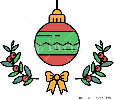 A red and green Christmas ornament with a bow is surrounded by green leaves 130834160