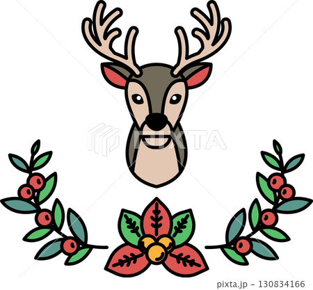 A deer head is surrounded by leaves and berries A deer head is surrounded by leaves and berries 130834166