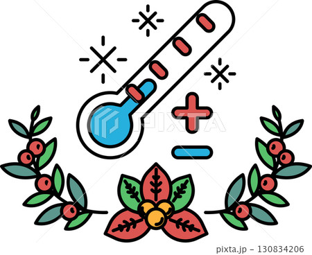 A thermometer is shown with a flower and leaves surrounding it A thermometer is shown with a flower and leaves surrounding it 130834206
