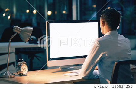 Night business, man and computer mockup for planning, web design and research screen. Back of worker, mock up and desktop technology for overtime on internet, innovation or digital branding strategy Night business, man and computer mockup for planning, web design and research screen. Back of worker, mock up and desktop technology for overtime on internet, innovation or digital branding strategy 130834250