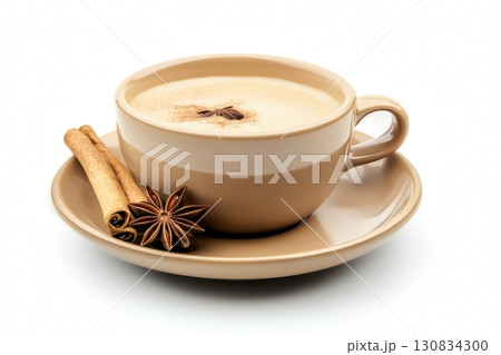 A cup of spicy cappuccino or spice latte with art foam, cinnamon stick and anise stars. Warm Coffee with Festive Lights. Cozy fall drink on a white table. Inviting atmosphere. Mug of warming drink 130834300