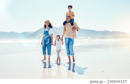 Love, family and walking on beach, summer vacation and quality time on break, relax and happiness. Mother, father and children on seaside holiday, mockup and smile with joy, adventure and journey 130834327