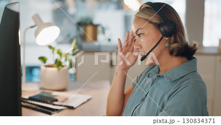 Frustrated woman, call center and stress in customer service, support or telemarketing at office. Tired female person, consultant or agent in depression, debt or fatigue from burnout at workplace Frustrated woman, call center and stress in customer service, support or telemarketing at office. Tired female person, consultant or agent in depression, debt or fatigue from burnout at workplace 130834371