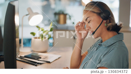 Tired woman, call center and stress in customer service, support or telemarketing at office. Frustrated female person, consultant or agent in depression, debt or fatigue from burnout at workplace Tired woman, call center and stress in customer service, support or telemarketing at office. Frustrated female person, consultant or agent in depression, debt or fatigue from burnout at workplace 130834372