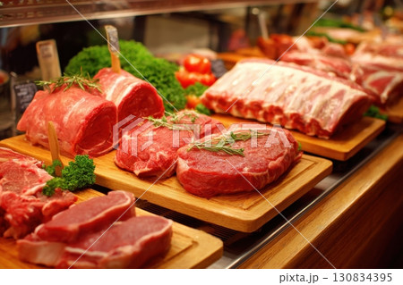 Meat counter displaying various types of beef, lamb and pork on wooden platters. Slabs, raw tenderloins displayed for grilling or baking. Fresh meat display. High protein food. Healthy products. Diet 130834395