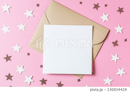 Blank Greeting Card, Invitation Mockup. Top view. Envelope and Stars Confetti, Minimalists Paper Mock Up on Pink Desk Background. Copy Space, Minimal Business Brand Template. Soft Shadow. Flier Design Blank Greeting Card, Invitation Mockup. Top view. Envelope and Stars Confetti, Minimalists Paper Mock Up on Pink Desk Background. Copy Space, Minimal Business Brand Template. Soft Shadow. Flier Design 130834429