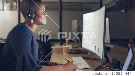 Call center, night and black woman in office with computer and headset in online communication with smile. Telemarketing, customer service or crm, happy help desk consultant in late support work 130834444