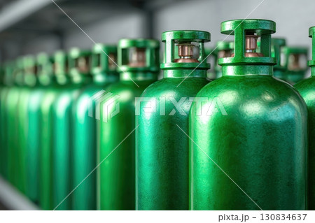 Green oxygen tanks. Bundle of gas cylinder and high pressure gauges, meter, valve. Many argon cylinders with compressed gas for industry, welding. Fuel manufacturing. Liquefied gas production, factory 130834637
