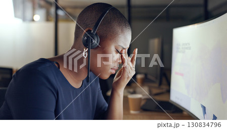 Woman, headache and call center stress, pain or frustrated on computer screen error, business fail or telemarketing crisis. Agent, night consultant or tired african person with depression in telecom Woman, headache and call center stress, pain or frustrated on computer screen error, business fail or telemarketing crisis. Agent, night consultant or tired african person with depression in telecom 130834796