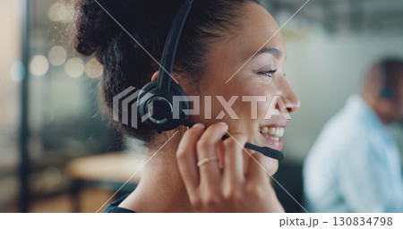 Woman, consultant and customer care with headset for telecom in office for technical support, consultation or sales. Female, employee or agent for working, online or inbound marketing with clients 130834798