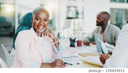Portrait, meeting and black woman with teamwork, business and planning with brainstorming, smile and professional. Face, African person and manager with employees, corporate, career and cooperation 130834911