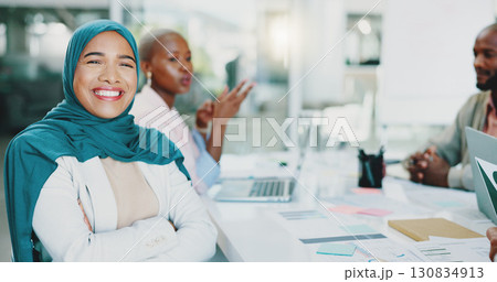 Portrait, meeting and Islamic woman with arms crossed, business and cooperation with brainstorming. Face, African person and happy manager with employees, professional and smile with ideas or project Portrait, meeting and Islamic woman with arms crossed, business and cooperation with brainstorming. Face, African person and happy manager with employees, professional and smile with ideas or project 130834913