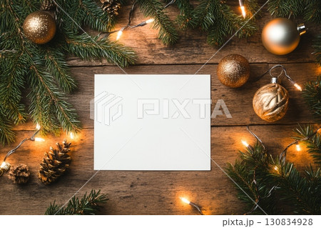 Christmas blank card on a rustic desk. White greeting card flay lay, top view with holiday decorations. Frame note mock up with space for text. Empty paper sheet. Seasons greetings. Template. Business Christmas blank card on a rustic desk. White greeting card flay lay, top view with holiday decorations. Frame note mock up with space for text. Empty paper sheet. Seasons greetings. Template. Business 130834928