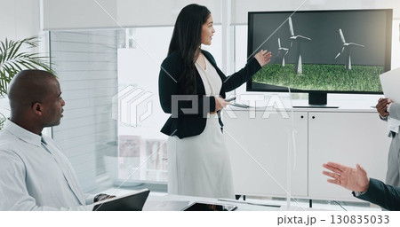 Business woman, windmill presentation and screen in office for innovation, energy and sustainable future. Engineering consultant, leader and team for brainstorming, wind power and clean electricity 130835033