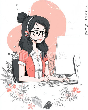 A woman with a headset and glasses sits at a desk typing on a computer. The desk is decorated with floral design elements. She appears friendly. 130835370
