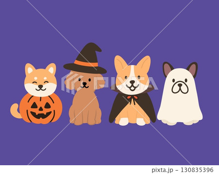 ハロウィンの仮装をした犬たちのイラスト 130835396