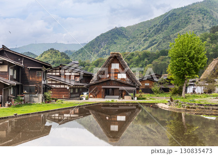 Scenic Shirakawa traditional village in Gifu Prefecture, Japan wtih gassho zukuri building style with pond during springtime Scenic Shirakawa traditional village in Gifu Prefecture, Japan wtih gassho zukuri building style with pond during springtime 130835473