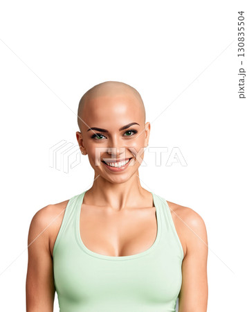 A Latino young adult woman with brown bald, green eyes, wearing sporty, showing playfulness with a cheeky grin, with a 130835504