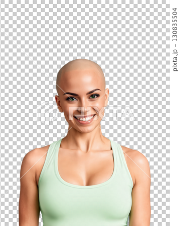 A Latino young adult woman with brown bald, green eyes, wearing sporty, showing playfulness with a cheeky grin, with a 130835504