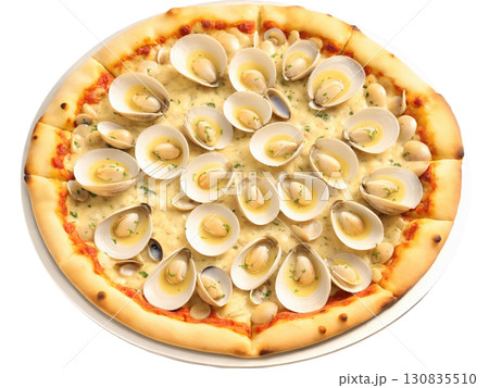 Clam Pizza A seafood pizza topped with fresh clams, garlic, white wine sauce, and mozzarella cheese. The briny clams combine 130835510