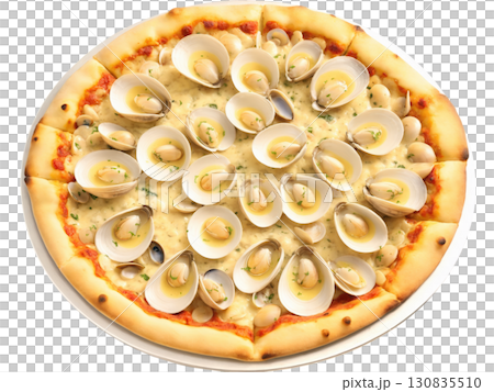 Clam Pizza A seafood pizza topped with fresh clams, garlic, white wine sauce, and mozzarella cheese. The briny clams combine 130835510