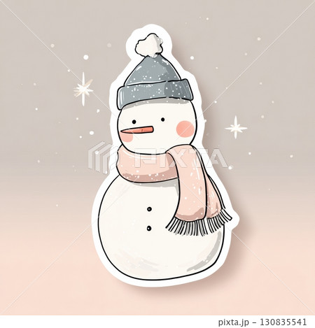 A cute snowman adorned with a cozy hat and scarf stands against a soft pastel background, emanating joy during the winter season. A cute snowman adorned with a cozy hat and scarf stands against a soft pastel background, emanating joy during the winter season. 130835541