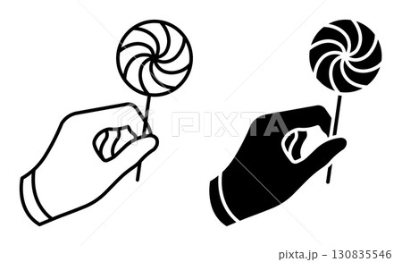 Line icon. Hand wearing a silk glove holds a lollipop, a children treat at a circus fair. Simple black and white vector isolated on white background 130835546