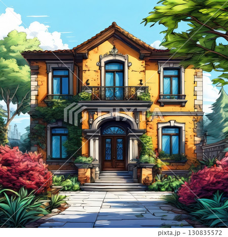 an AI Image Generator, Elegant Mansion Facade with Ornamental Details 130835572