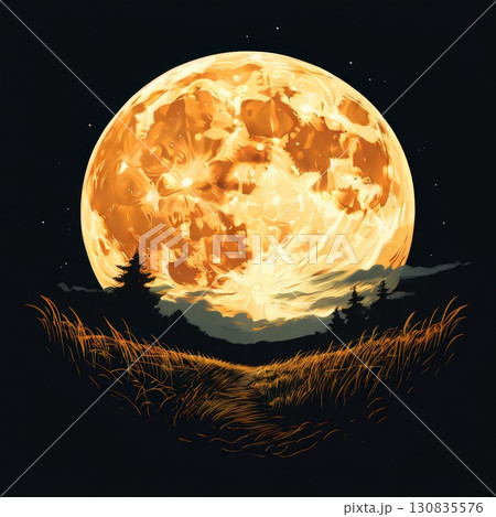 an AI Image Generator, Full Moon Rising Over a Country Field and Pine Trees 130835576