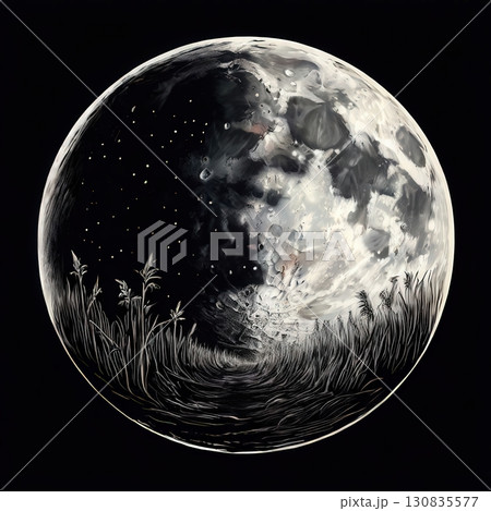 an AI Image Generator, Full Moon Rising Over a Country Field and Pine Trees 130835577