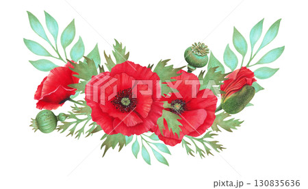 Horizontal composition of scarlet poppy flower with pod and turquoise branch. Botanical watercolor illustration. Hand drawn isolated work. Symbolism of memory, peace. Wild flowers for packaging, card. 130835636