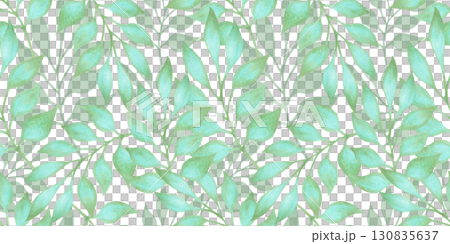 Seamless pattern with graceful turquoise branches with leaves. Watercolor illustration. Hand drawn botanical isolated art. Horizontal background for textile, packaging, wallpaper, fabric, paper. 130835637