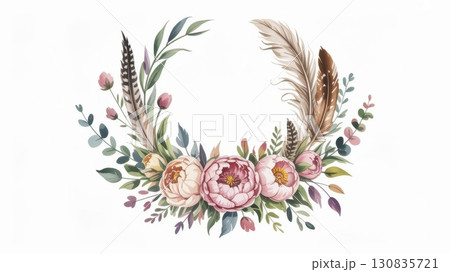 Beautiful Watercolor Floral Arrangement With Peonies and Feathers for Decorative Use Beautiful Watercolor Floral Arrangement With Peonies and Feathers for Decorative Use 130835721