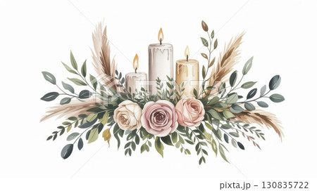 Elegant Watercolor Floral Arrangement Featuring Candles and Roses With Soft Greenery Elegant Watercolor Floral Arrangement Featuring Candles and Roses With Soft Greenery 130835722