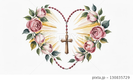 Beautiful Watercolor Illustration Depicting a Heart Made of Roses and a Cross With Rays of Light 130835729