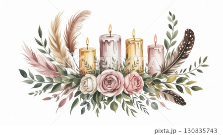 Beautiful Watercolor Illustration Featuring Candles, Roses, and Foliage in a Serene Arrangement 130835743