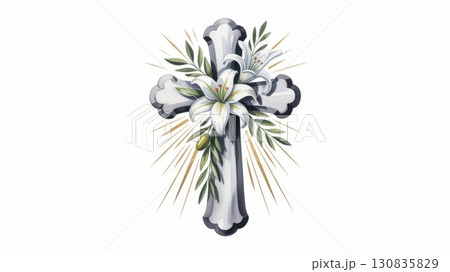 Beautiful Watercolor Illustration of a Floral Cross Decorated With Lilies and Vines 130835829